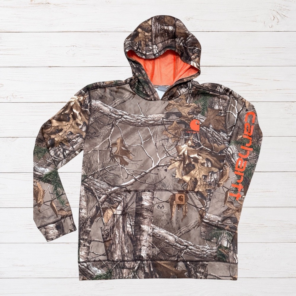 Carhartt Realtree Camo Hoodie Boys XL 18-20 Orange Logo Hunting Pullover 13706